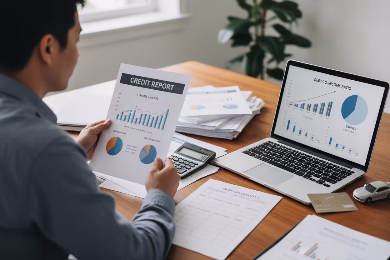 Person checking credit report and debt calculations before applying for a car loan