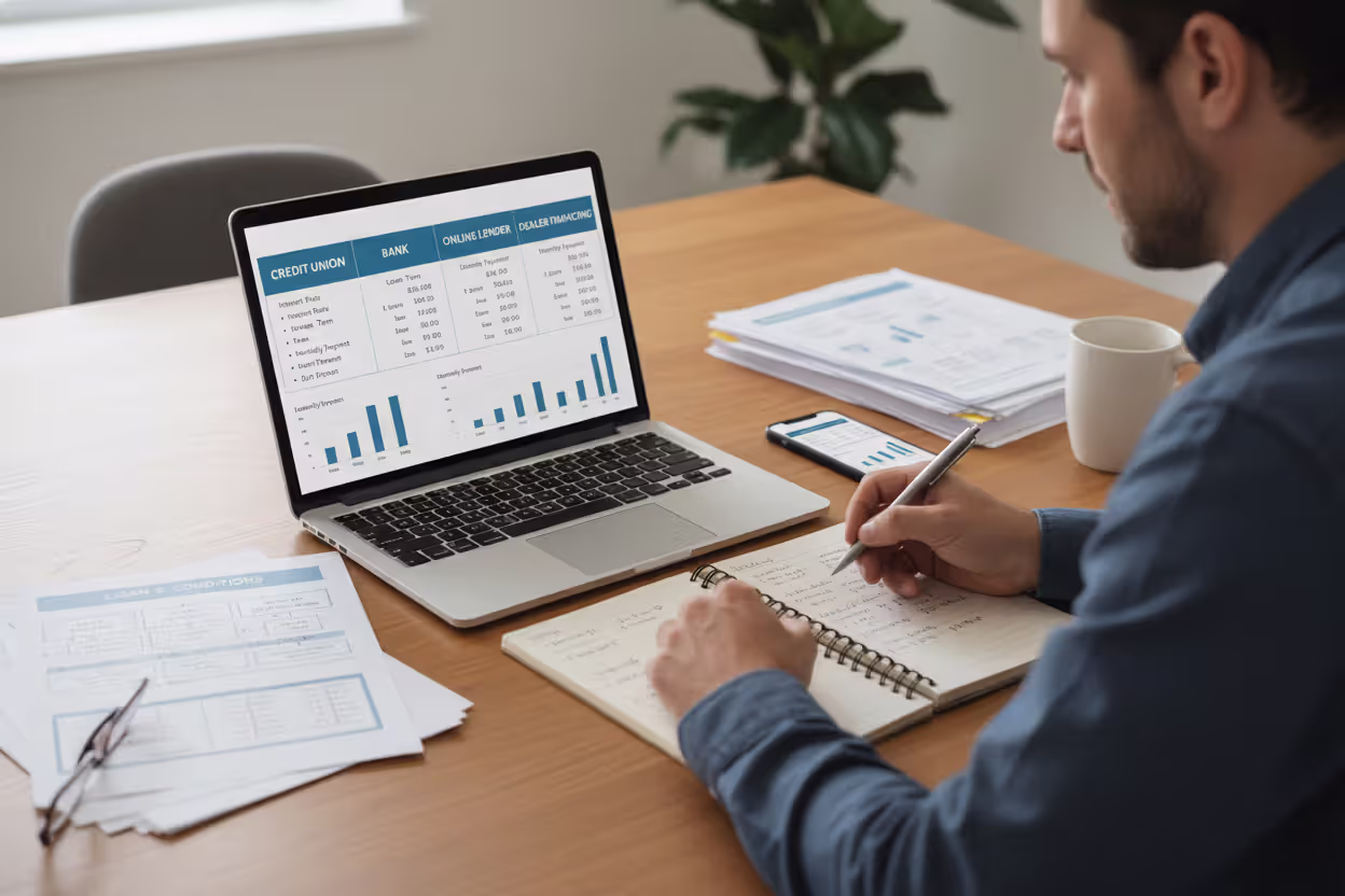 Borrower comparing car loan options from banks, credit unions, online lenders, and dealerships