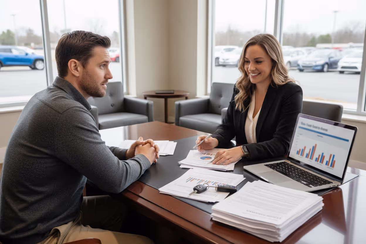 Borrower discussing subprime auto loan options with a consultant