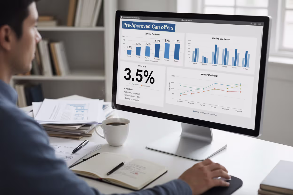 Borrower comparing multiple car loan pre-approval offers on a laptop
