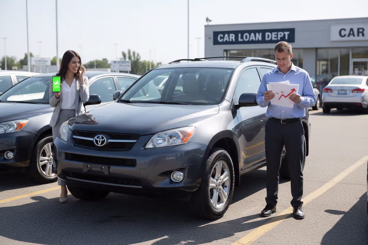 Used SUV with borrower comparing good and bad loan offers