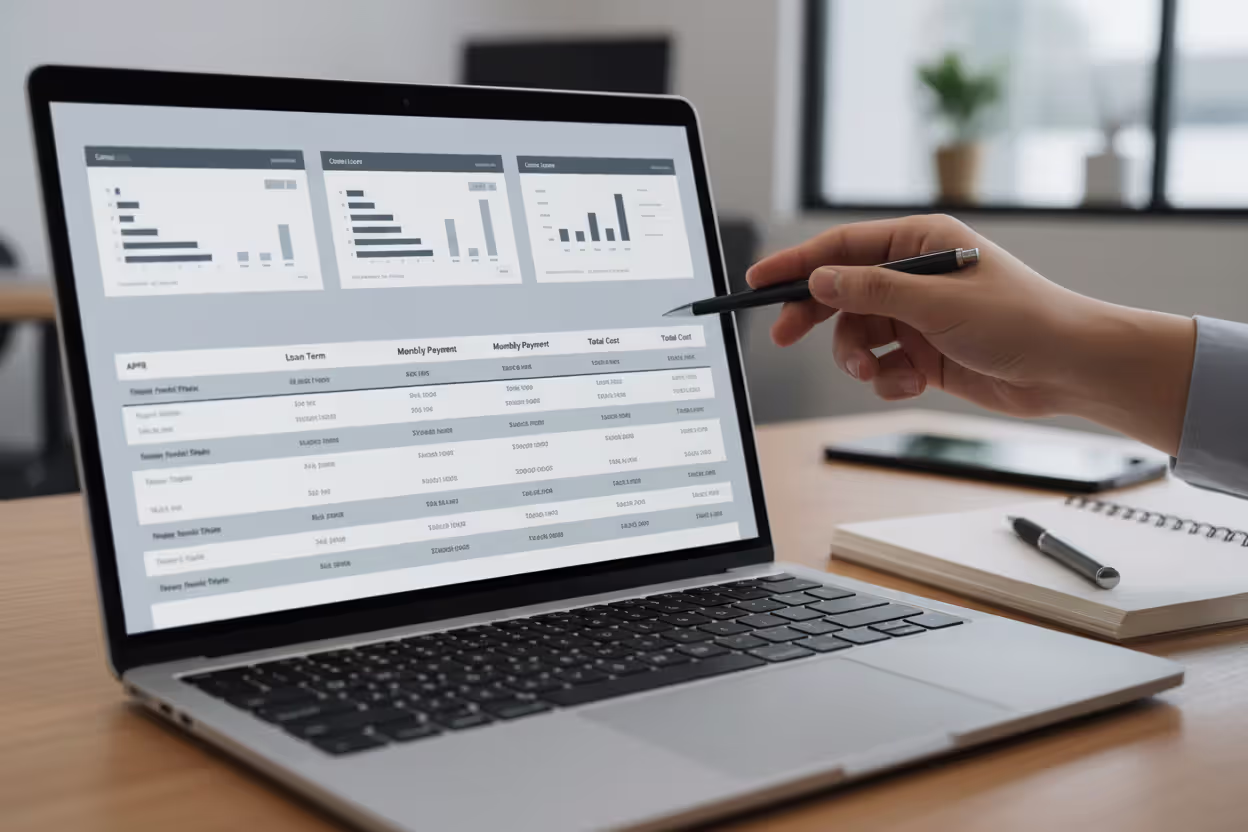 Comparing auto loan offers on a laptop with calculator