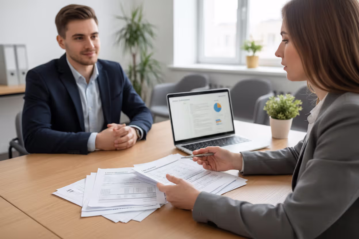 Loan officer manually reviewing a first-time borrower application in an office