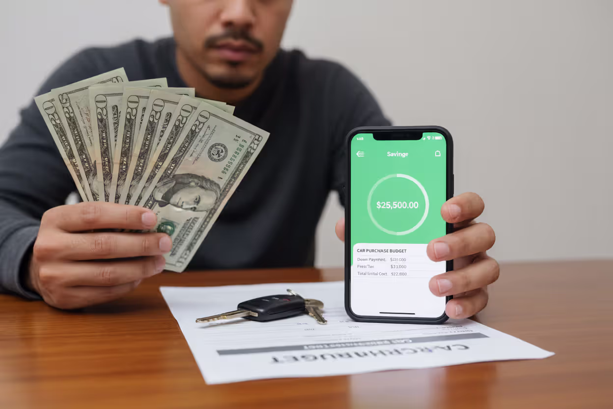 Saving money for a car down payment with keys and budget documents
