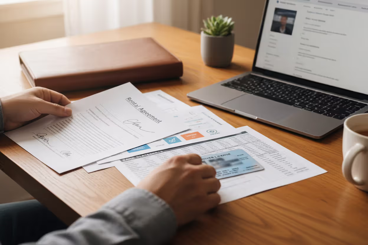 Borrower organizing rental, utility, and bank documents for a car loan application