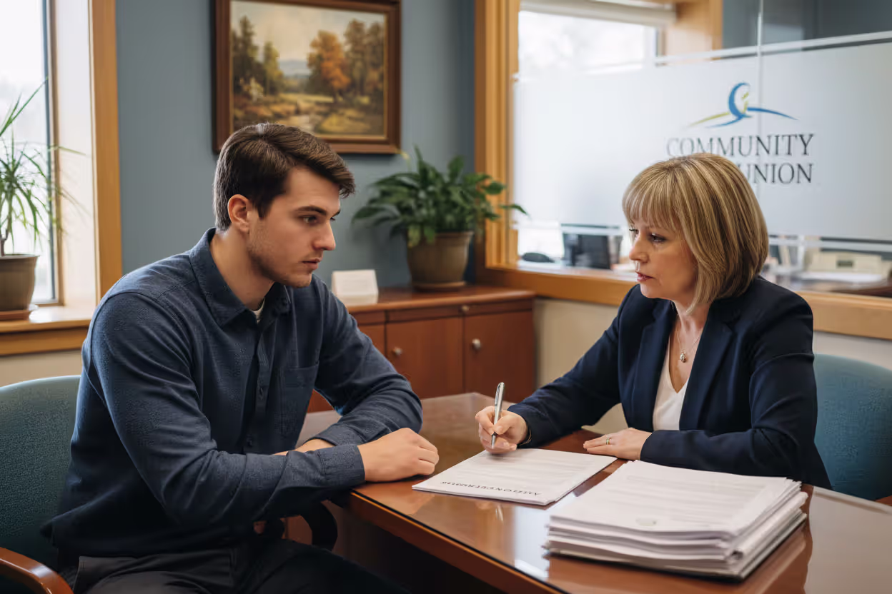 First-time borrower speaking with a credit union representative about auto financing
