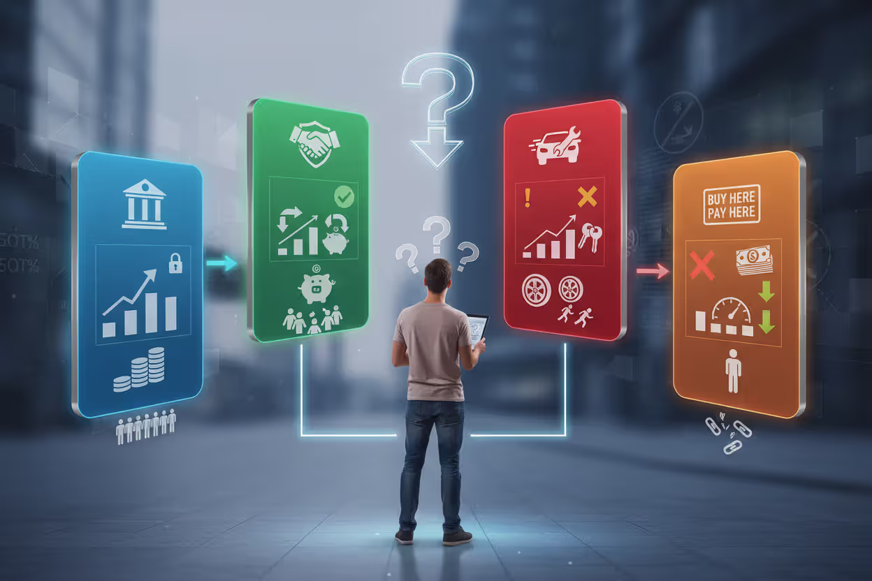 Borrower comparing auto loan options from bank, credit union, dealership, and subprime lender