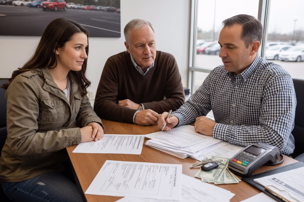 Car buyer with a cosigner reviewing financing documents for a used vehicle