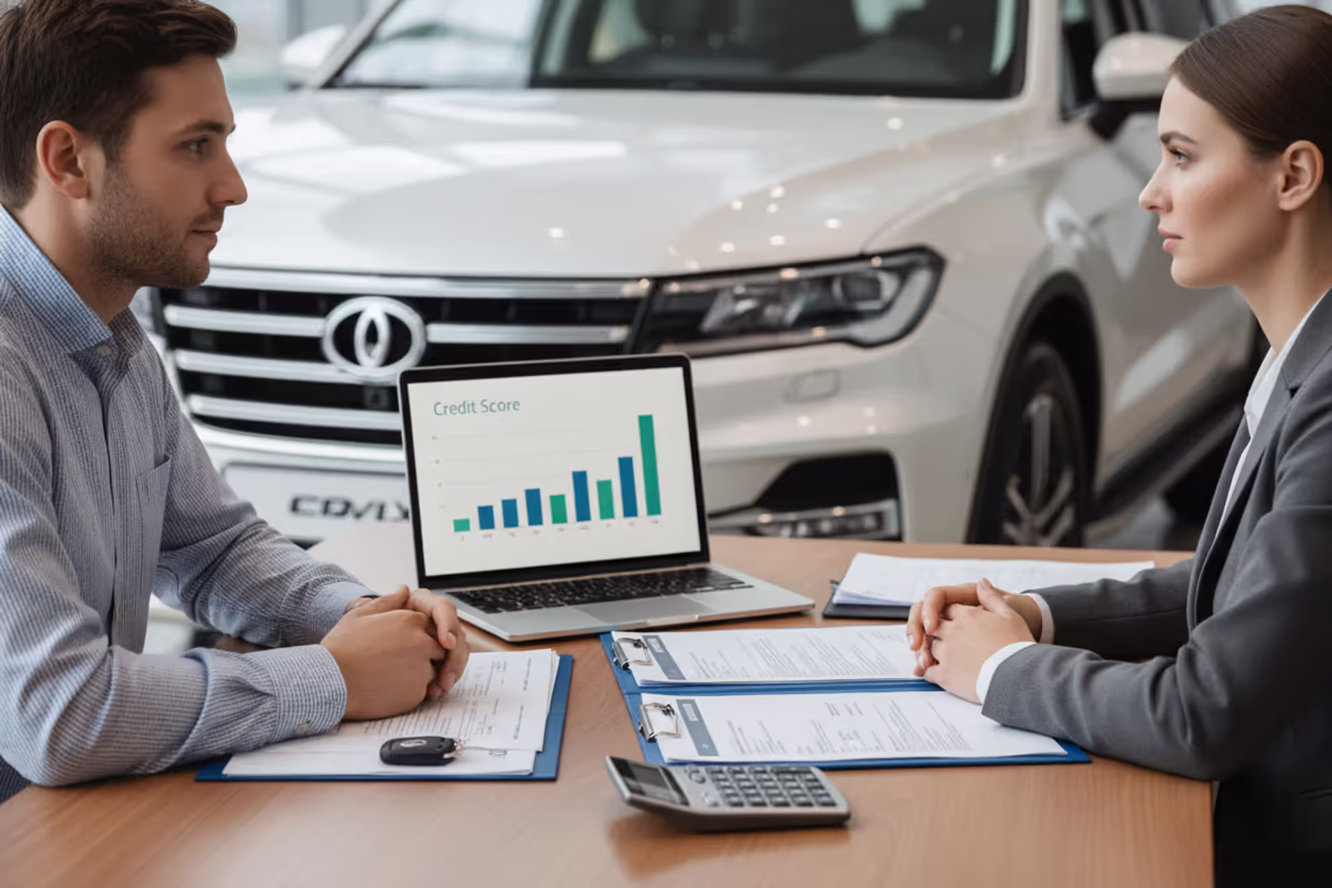 Car buyer discussing auto loan terms with a finance manager in a dealership