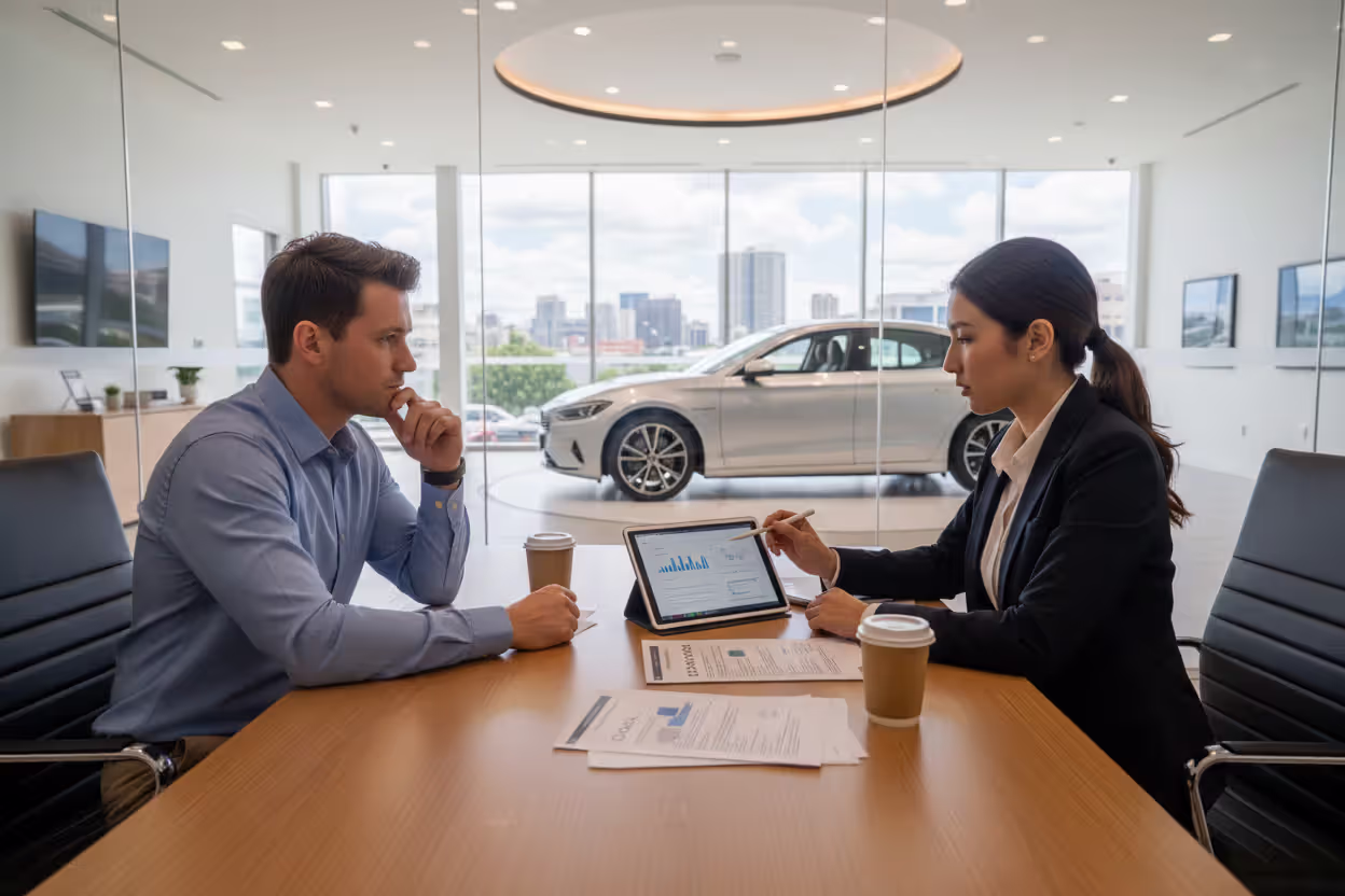 Car buyer speaking with a finance manager at a dealership