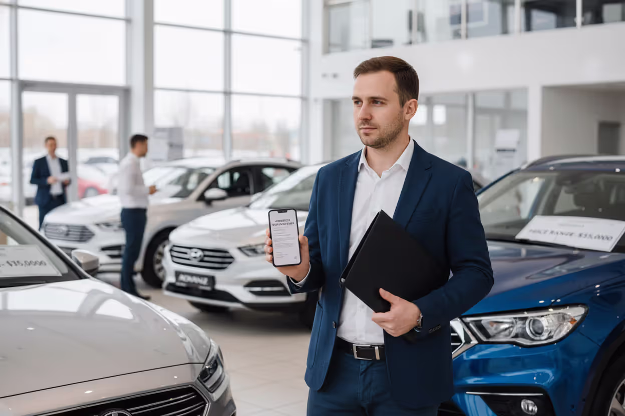 Car shopper choosing a vehicle within a prequalified budget at a dealership
