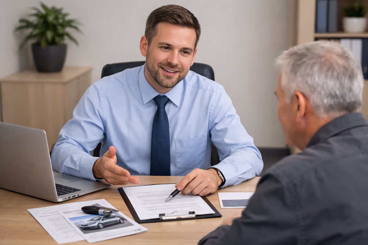 Loan officer explaining private party auto loan terms to a customer