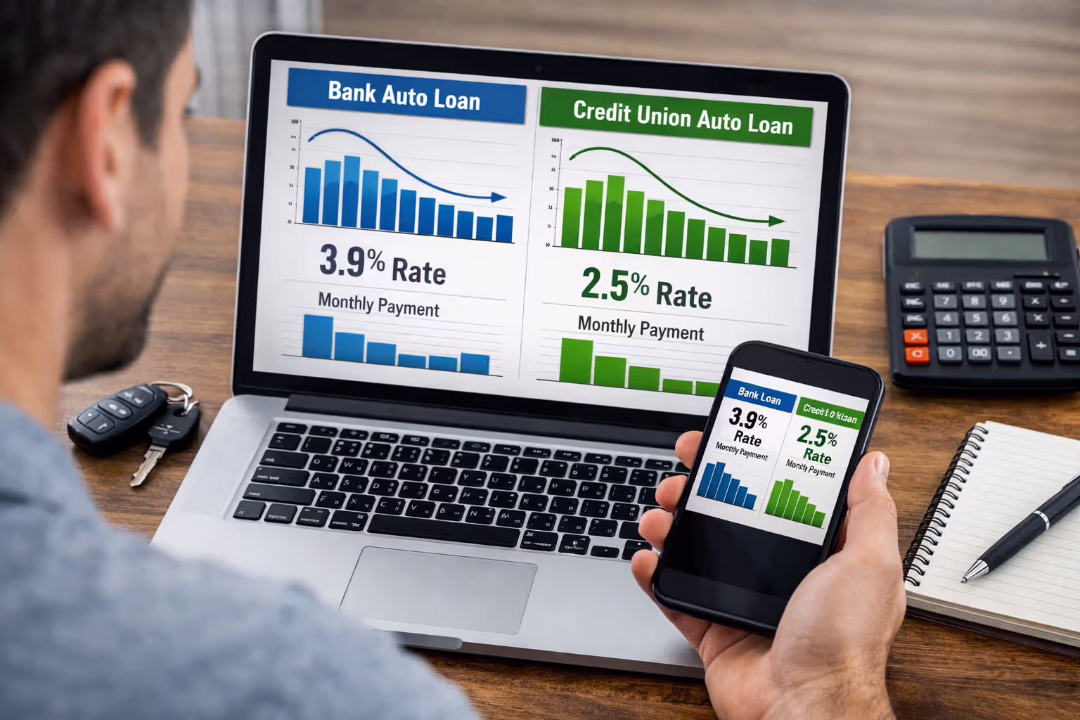 Buyer comparing private auto loan offers on a laptop and phone