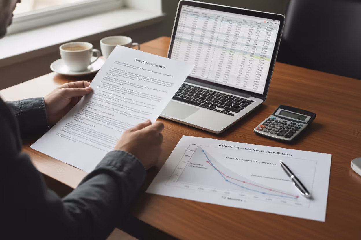 Person reviewing long-term auto loan documents and negative equity calculations