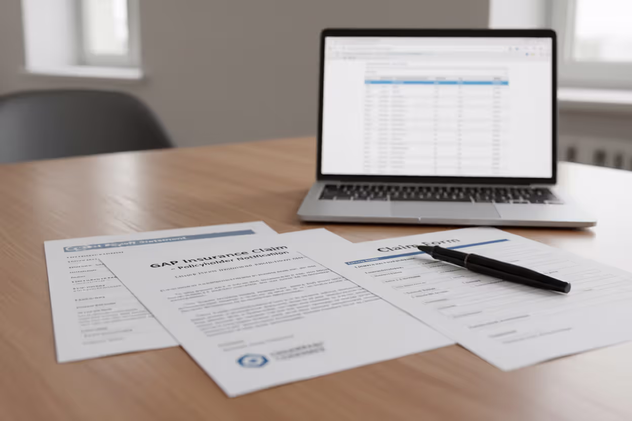 Gap insurance claim documents arranged on a desk