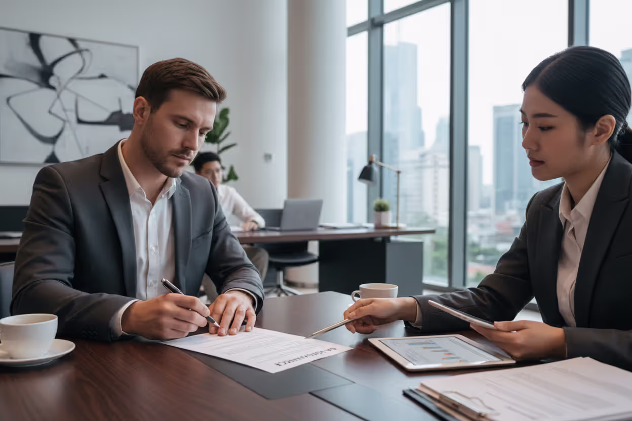 Customer reviewing gap insurance option during car purchase paperwork