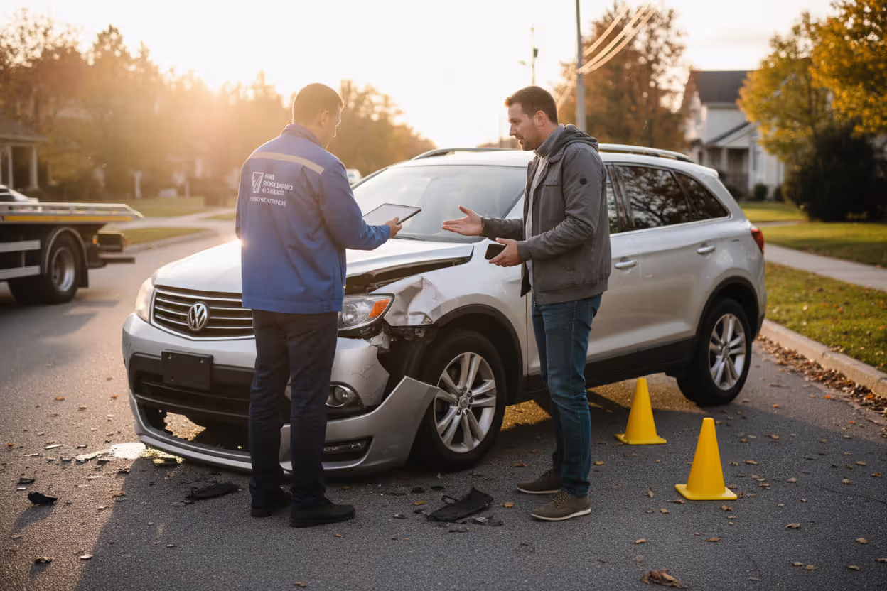 Damaged SUV owner discussing total loss claim with insurance adjuster