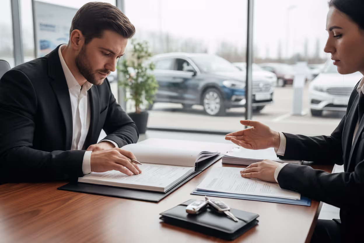 Car owner carefully reviewing loan paperwork before making a decision