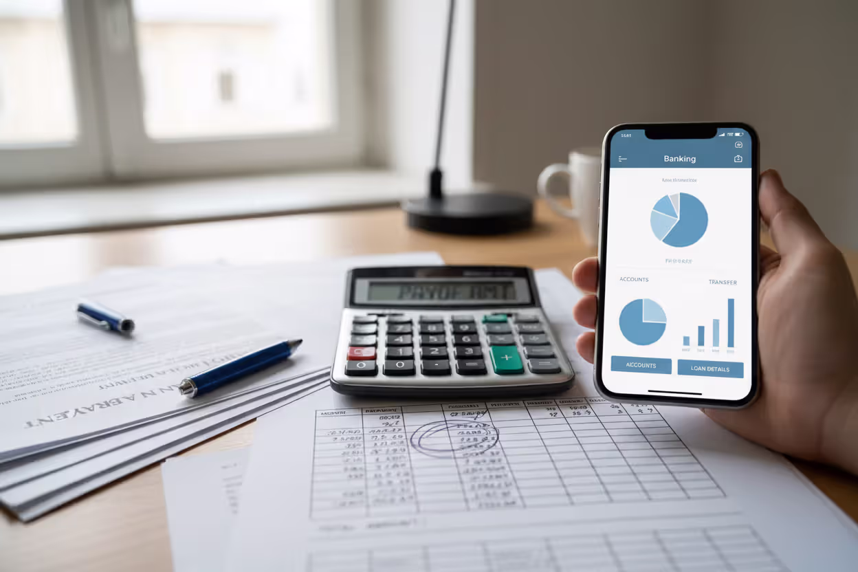 Auto loan payoff calculation with documents, calculator, and phone