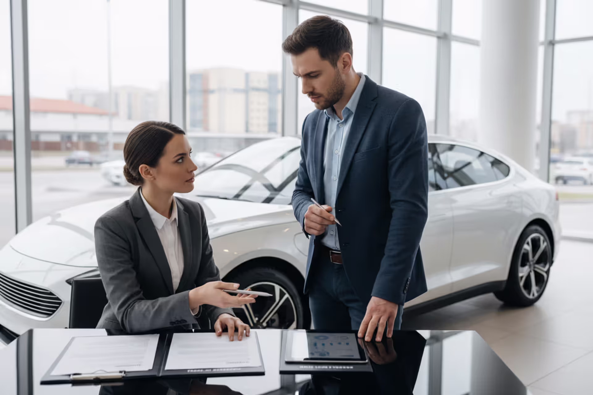 Customer discussing financed car trade-in with dealership representative