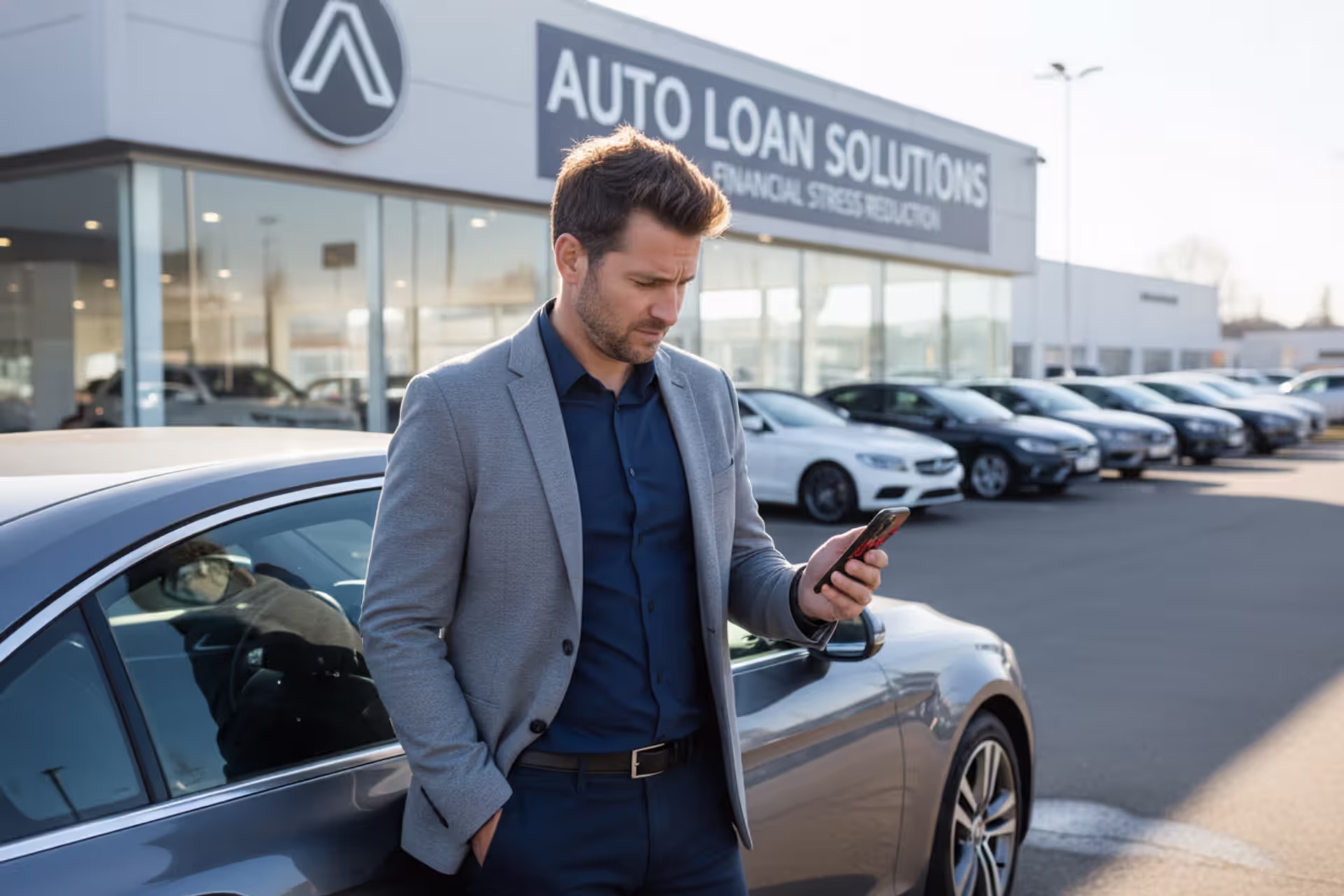 Concerned car owner checking auto loan details beside a vehicle