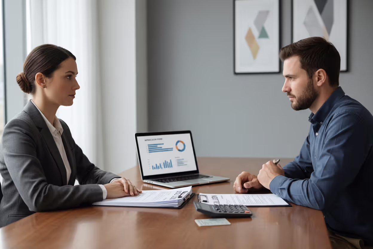 Bank officer reviewing a car loan assumption application with a borrower