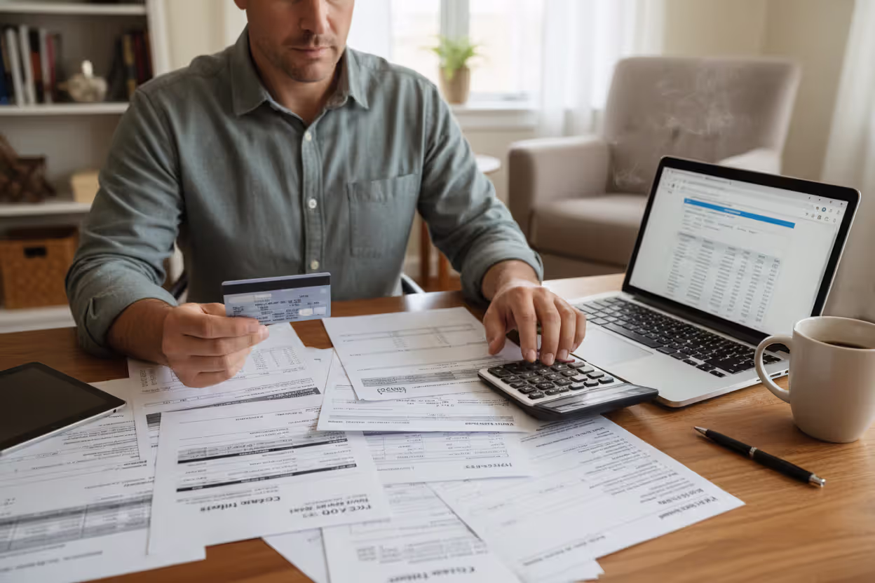 Person reviewing credit report and income documents for a car loan transfer