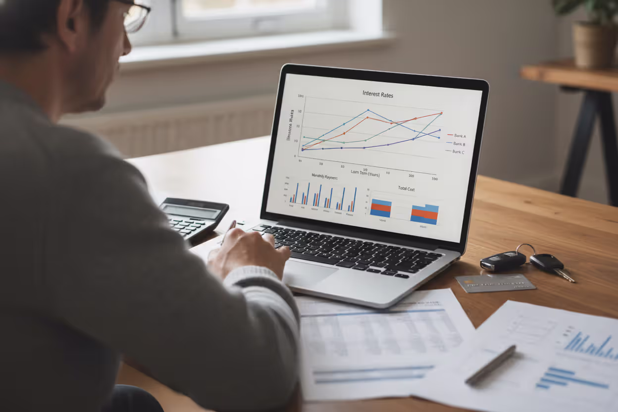 Person comparing car loan rates on a laptop with car keys and financial documents