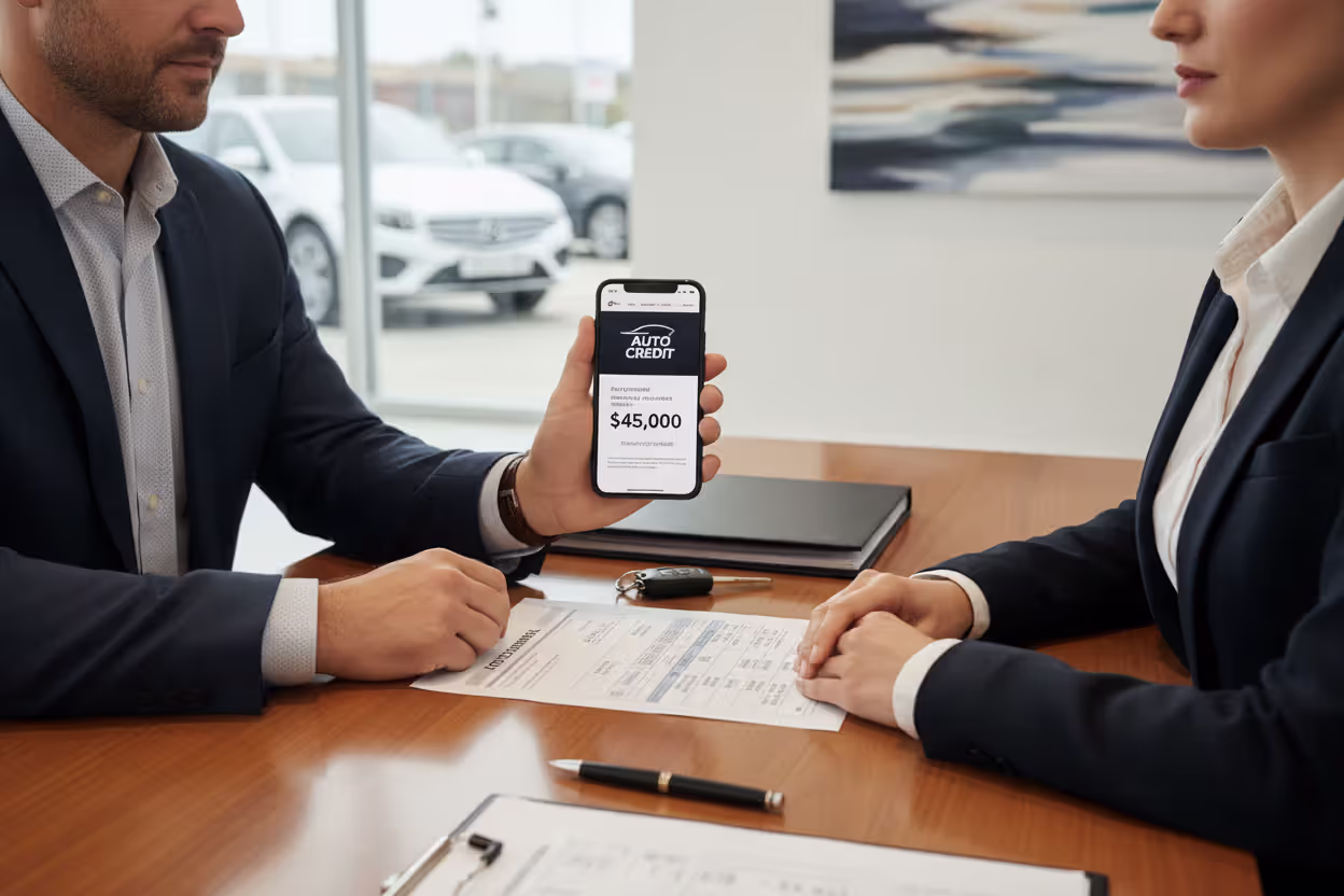 Car buyer negotiating financing with a dealer using a pre-approved loan offer