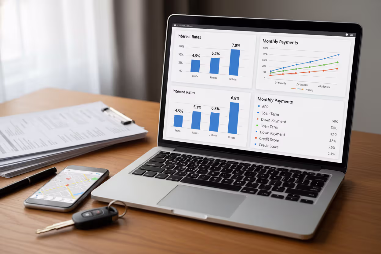 Multiple car loan offers being compared on a laptop with keys and paperwork