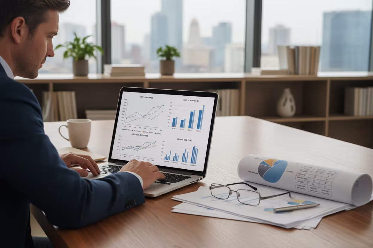 Financial analyst reviewing used car loan rate trends on a laptop