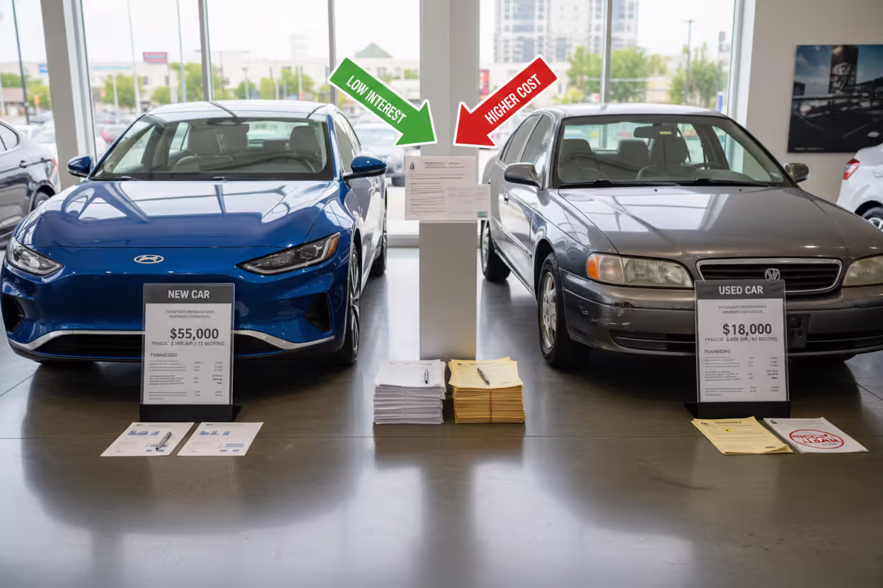 New and used cars shown side by side with financing documents