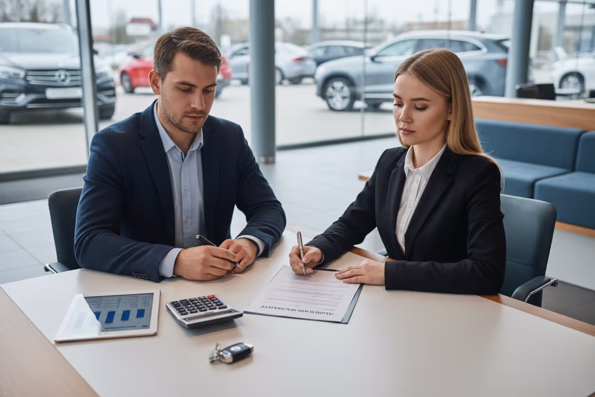 Buyer reviewing a car loan contract with a finance manager at a dealership