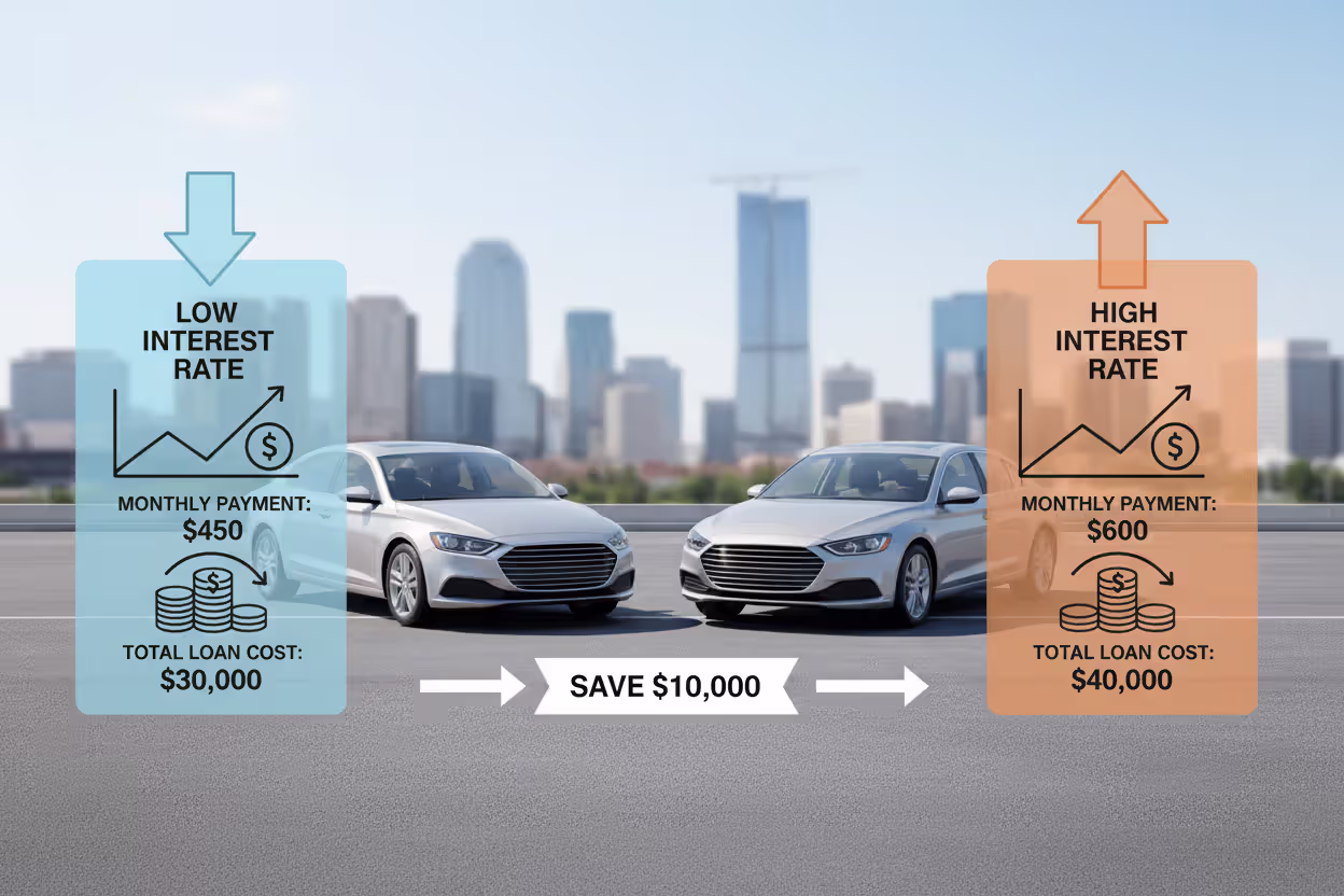 Comparison of two car loans showing low and high interest rate costs