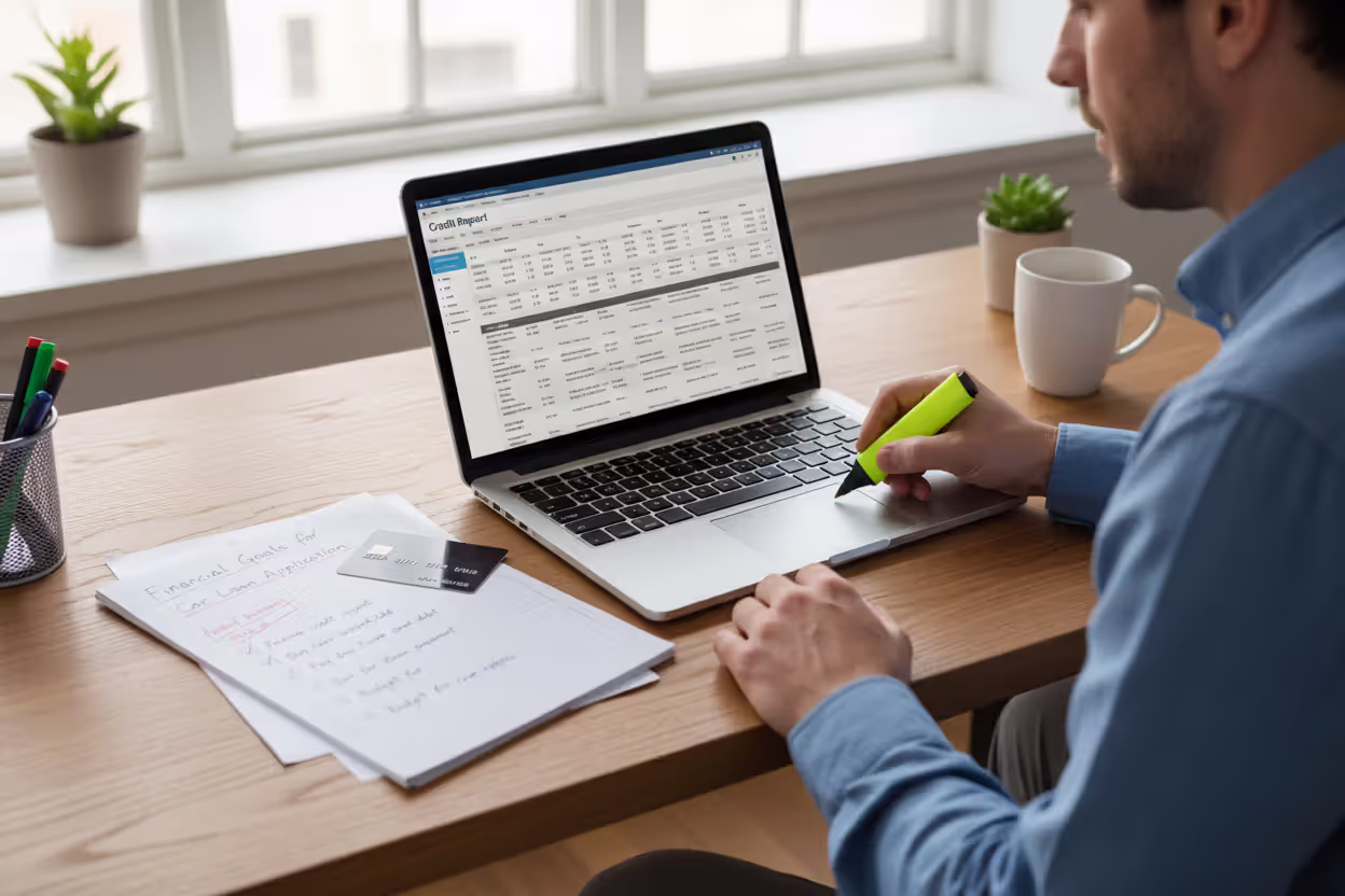 Person reviewing credit report and preparing to improve loan eligibility