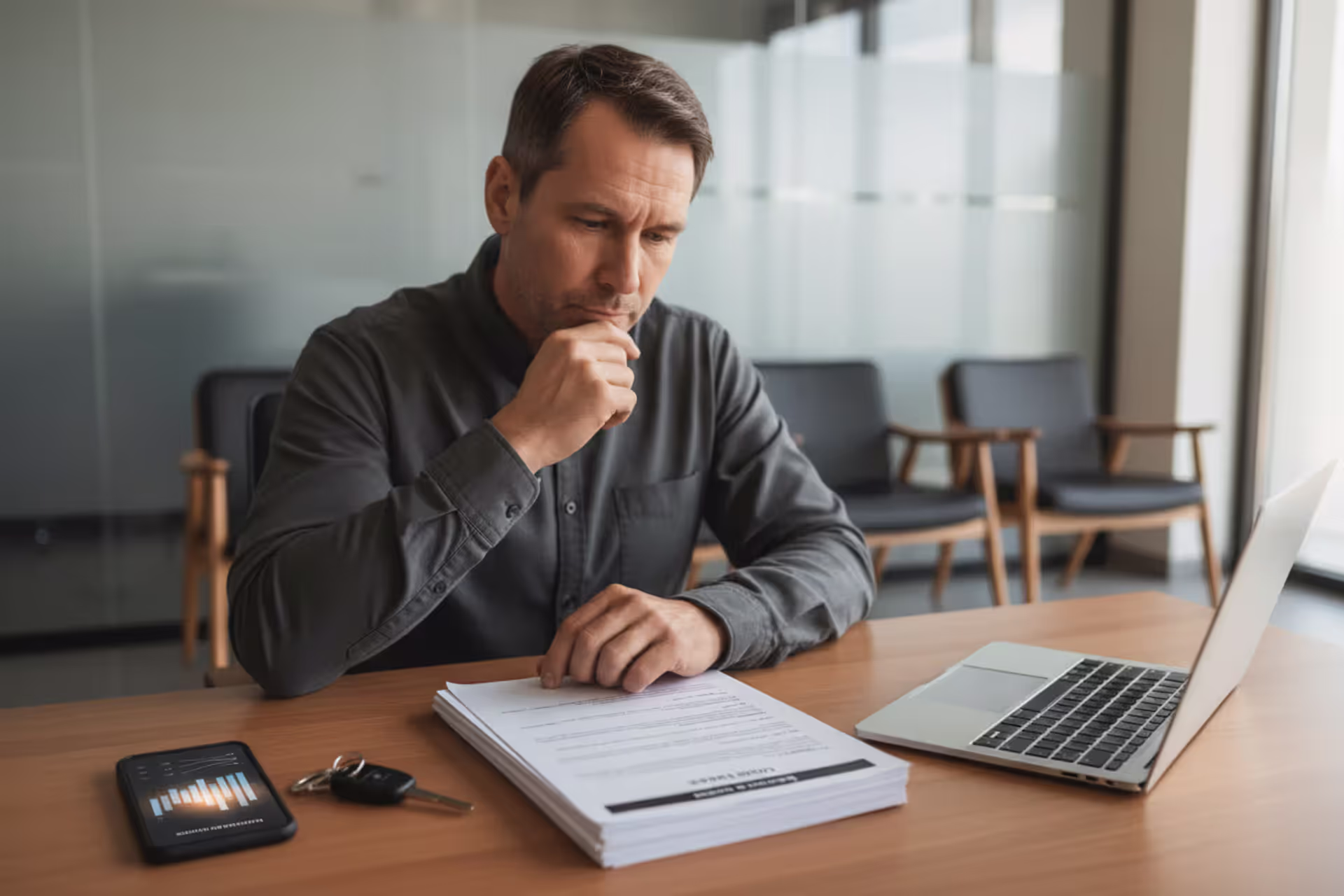 Car buyer reviewing auto loan documents and credit score before financing
