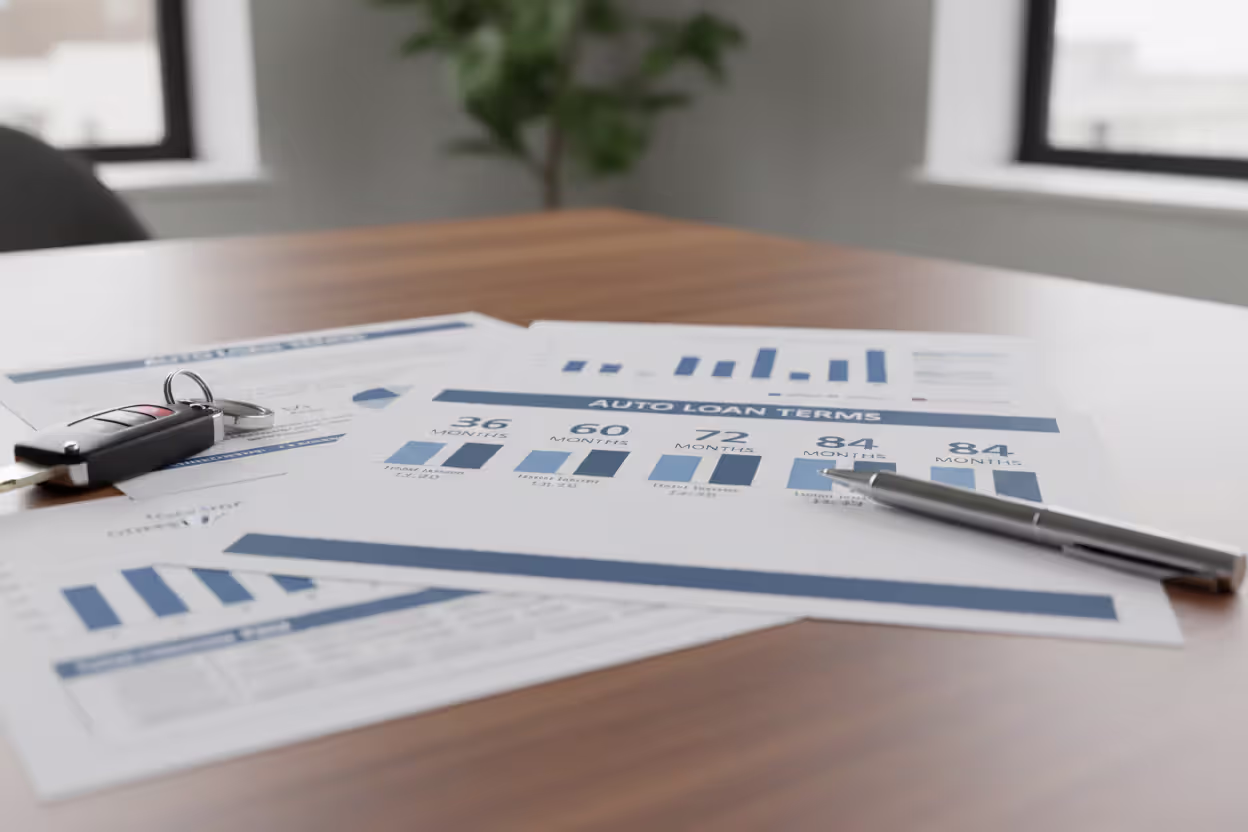 Auto loan documents showing different repayment terms beside car keys
