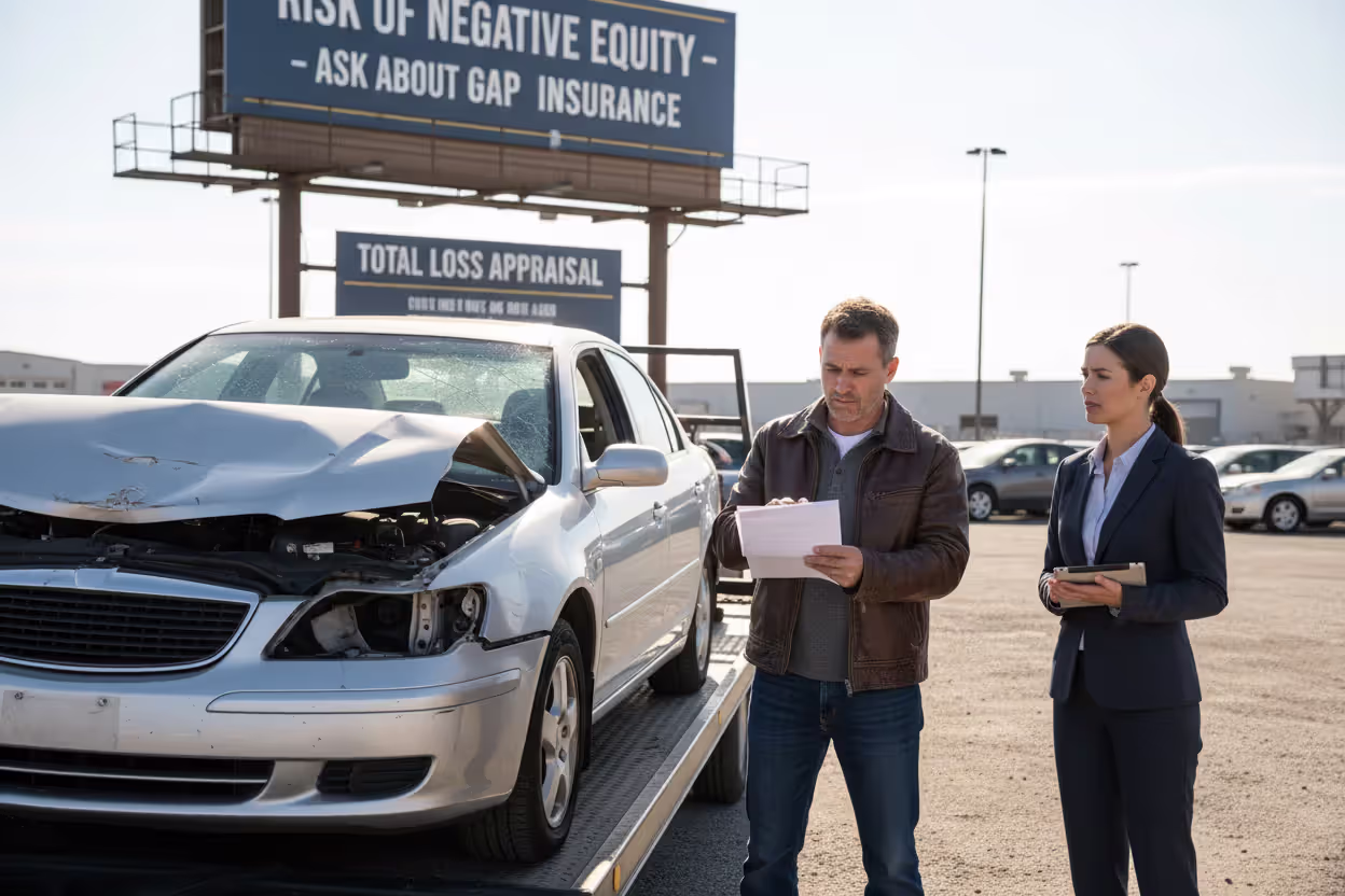 Damaged car and owner reviewing insurance documents after an accident