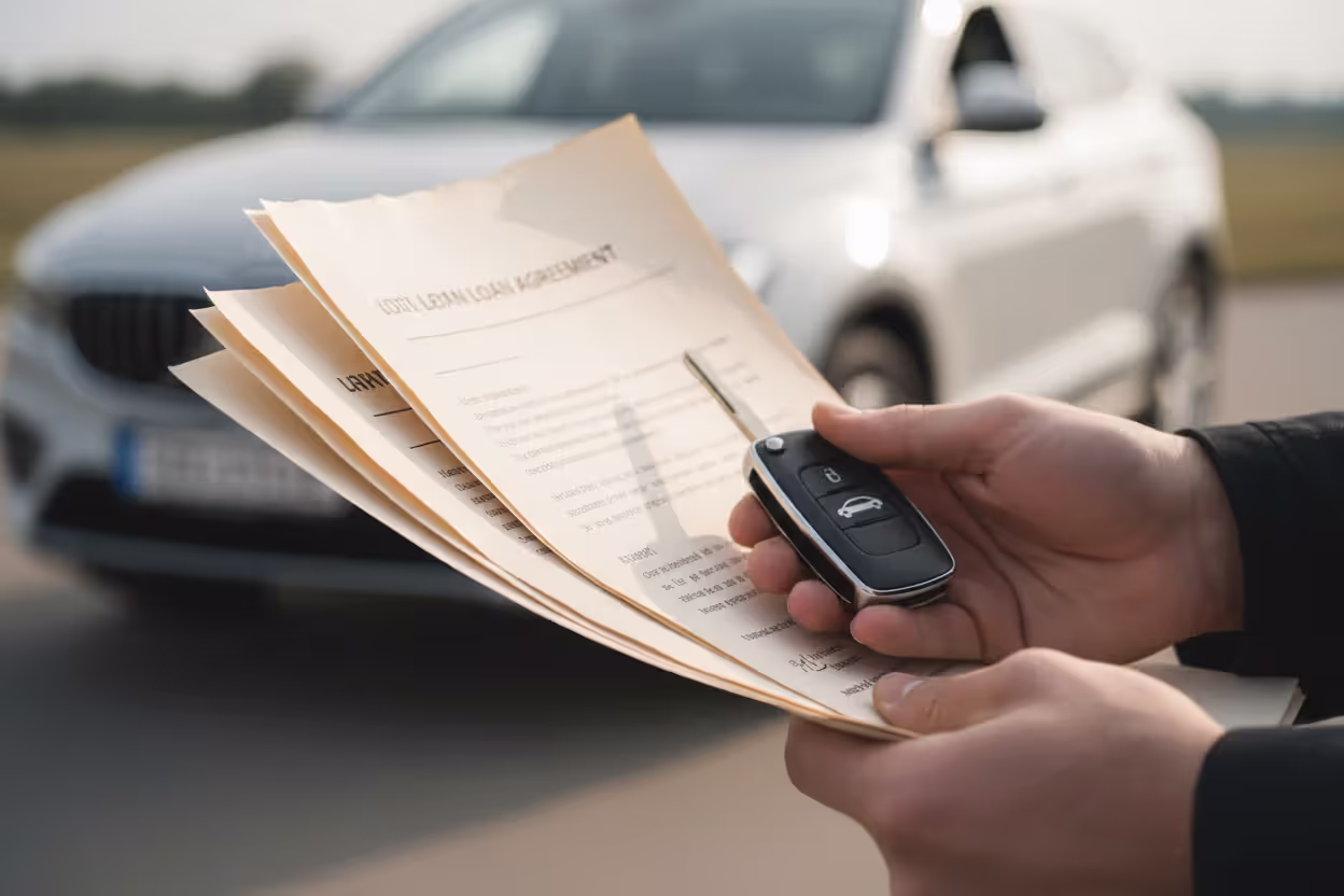 Close-up of car loan paperwork and keys symbolizing long-term financing