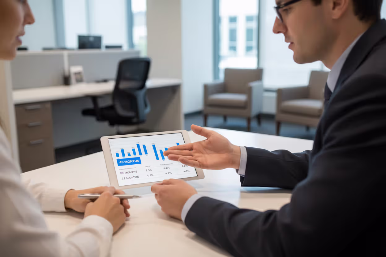 Loan officer explaining car loan terms and interest options to a customer