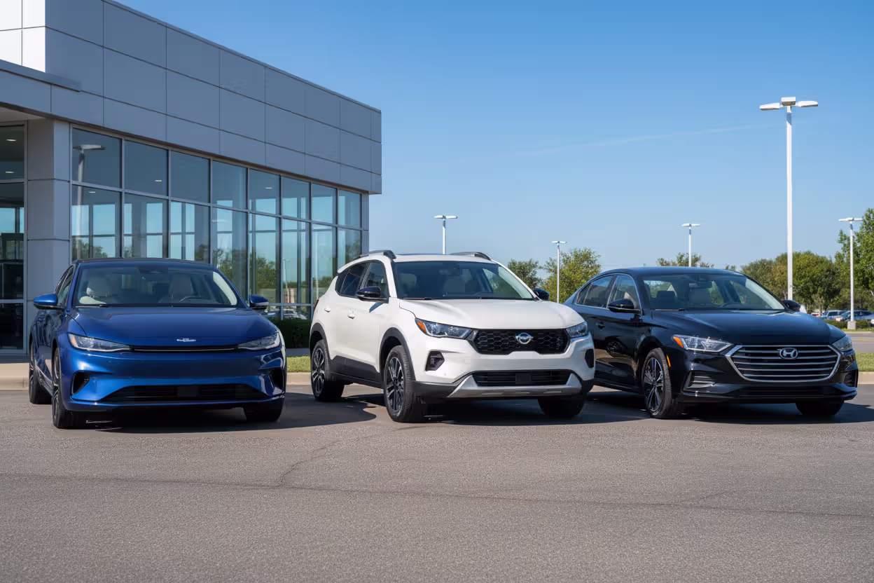 Different types of new vehicles including an electric car at a dealership lot