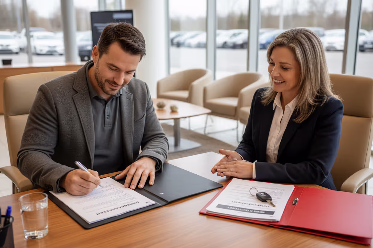 Customer signing paperwork for a used car purchase with down payment
