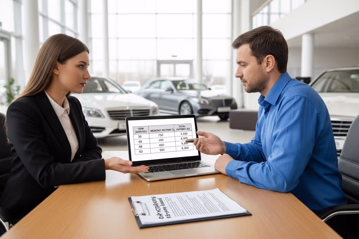 Car buyer comparing loan term options with a dealer