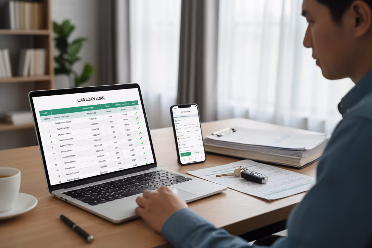 Person comparing car loan offers from multiple lenders online
