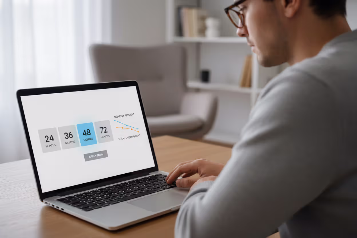 Borrower comparing auto refinance term options on a digital loan interface