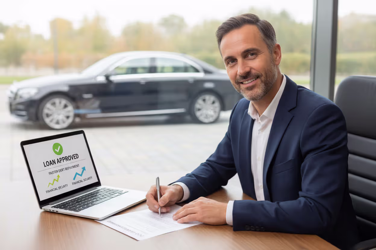 Confident borrower choosing a shorter car refinance term to pay off debt faster