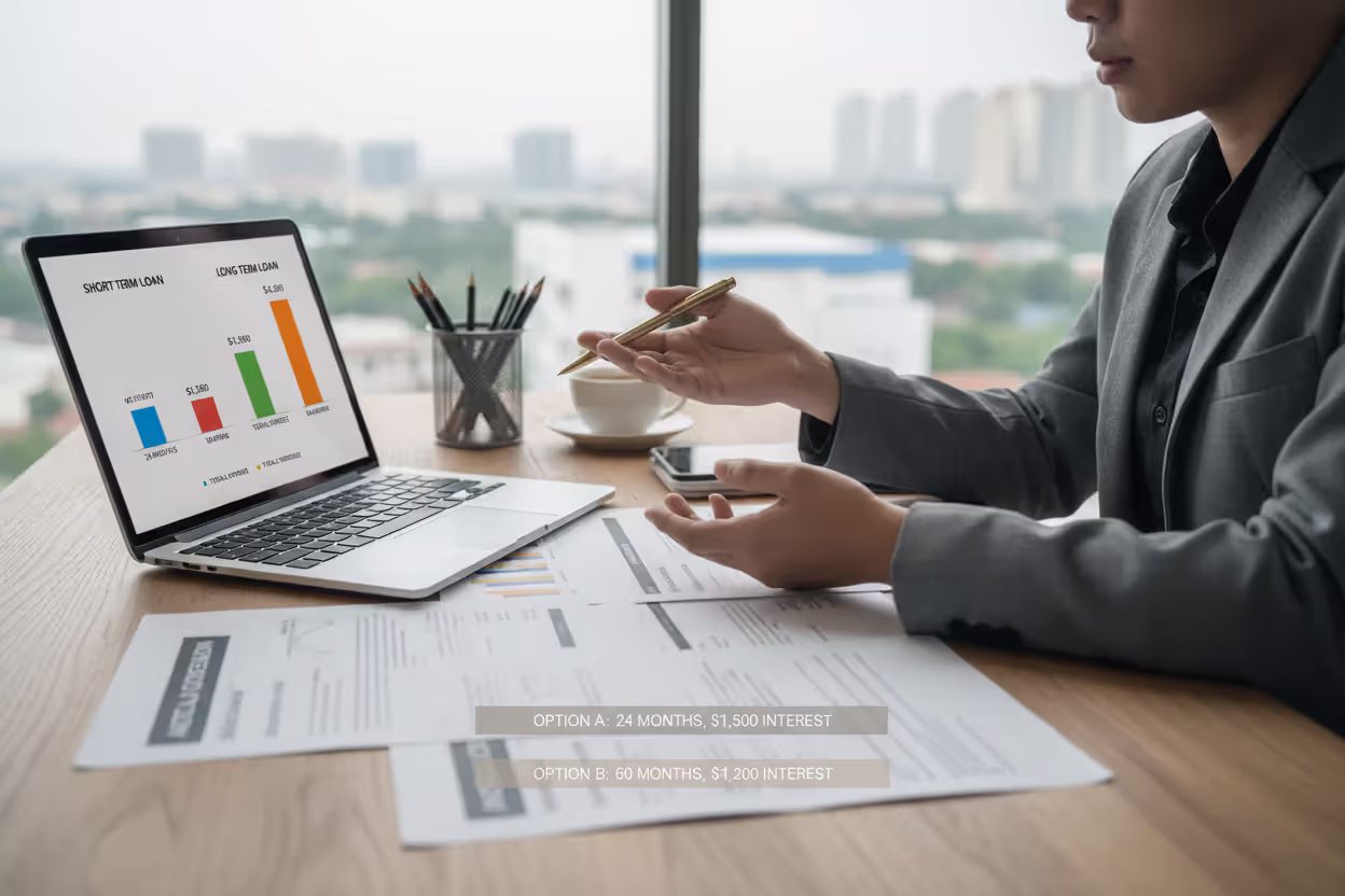 Borrower comparing short-term and long-term car refinance costs