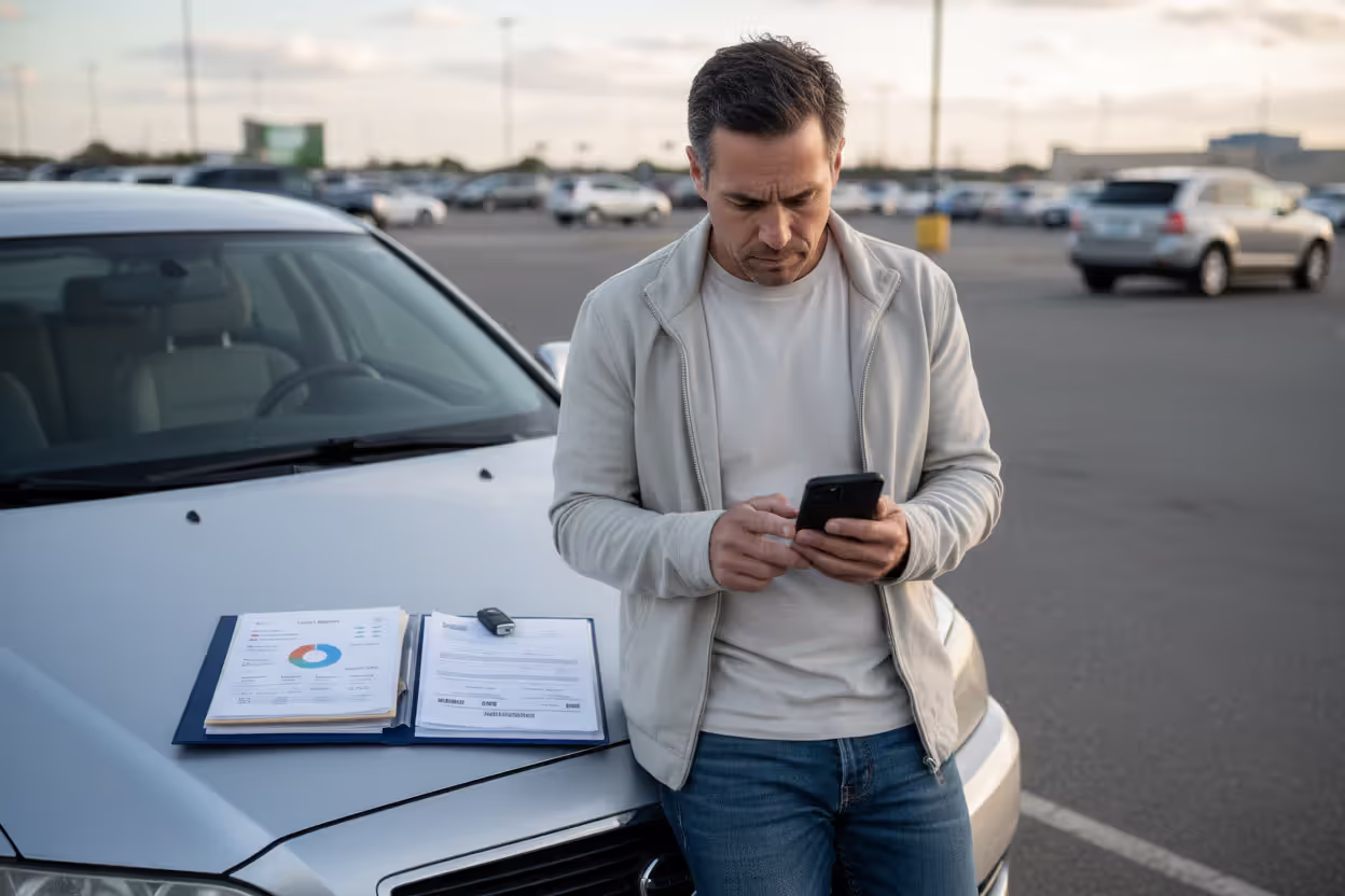 Car owner checking refinance eligibility beside a parked vehicle