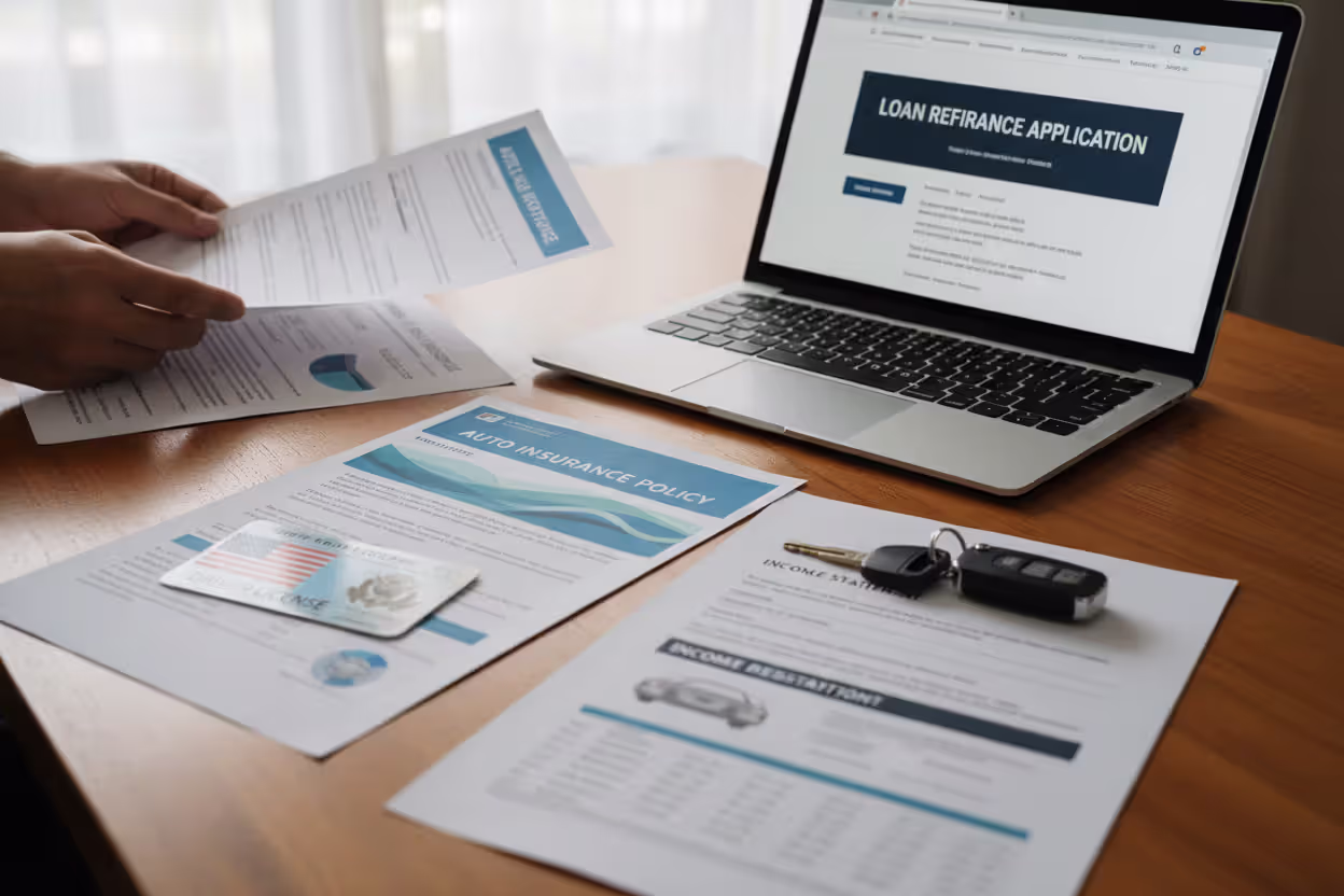Organized car refinance documents on a desk with keys and laptop