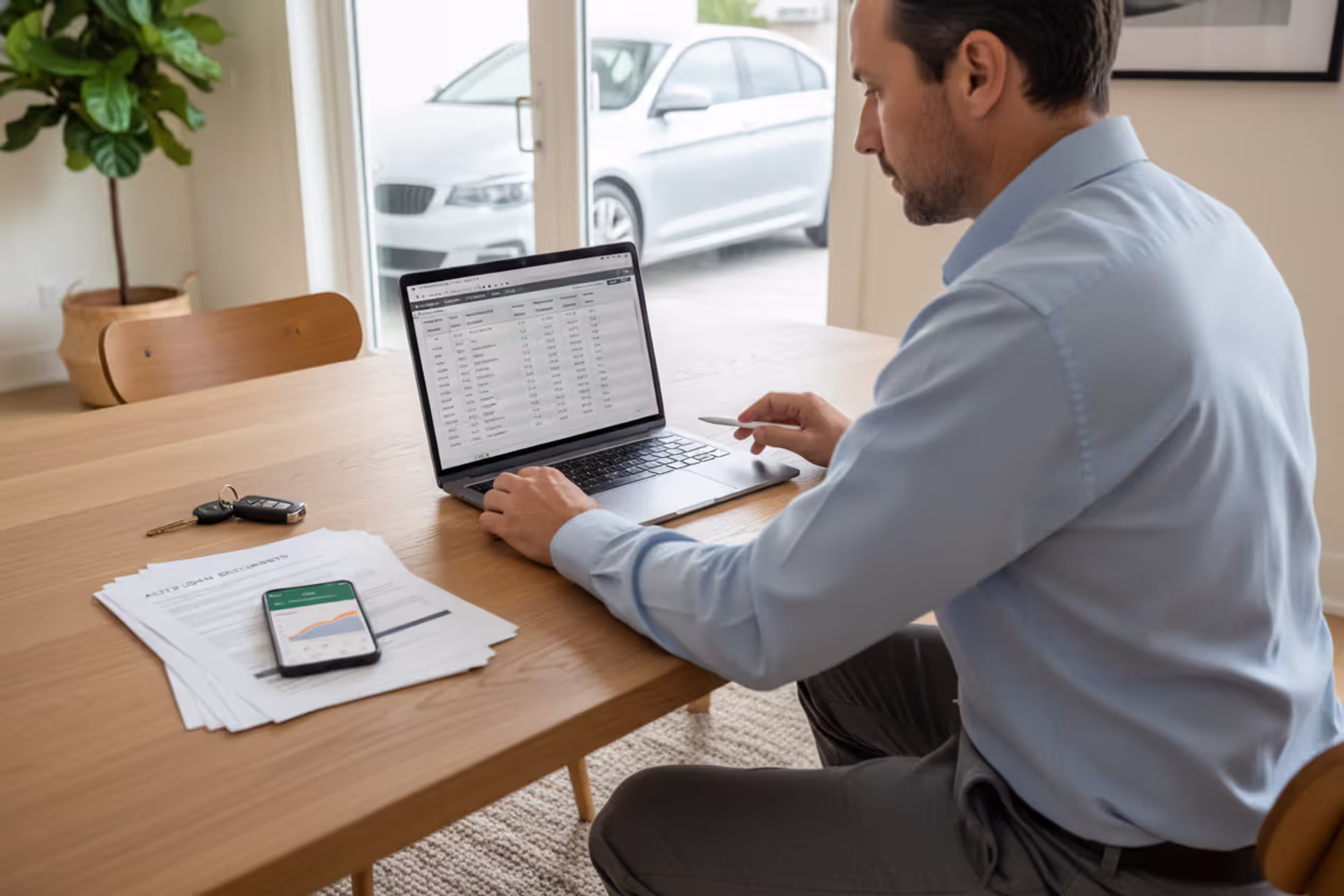 Person reviewing car loan refinancing options at home with car keys and documents